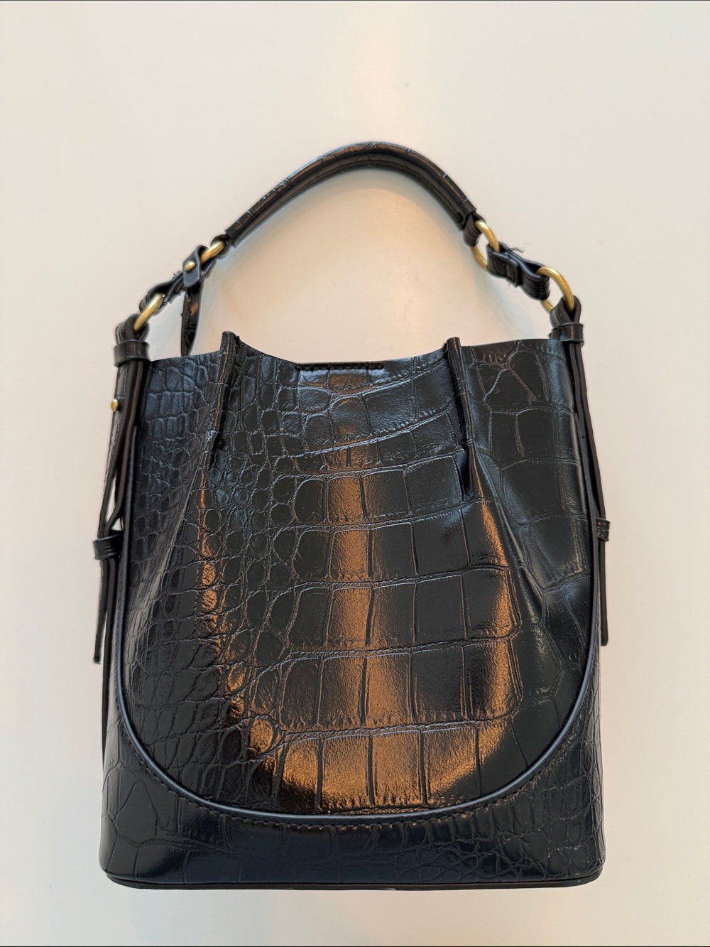 Zara Black Croc-Embossed Leather Bucket Bag - Classic Women's Handbag
